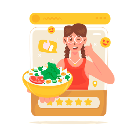 食べ物のレビューを投稿する女性  イラスト