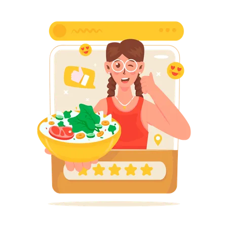 食べ物のレビューを投稿する女性  イラスト