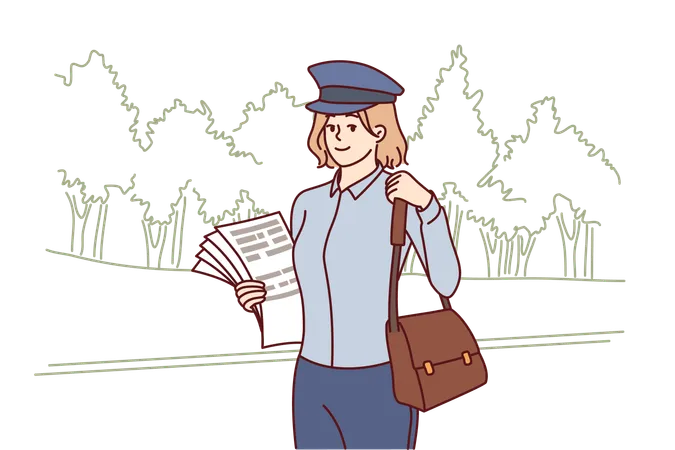 Woman Postman Delivers Newspapers And Fresh Press With News Or Letters For Residents Of City Young Girl In Postman Cap Holds Bag For Letters Or Parcels And Works In Postal Service Illustration