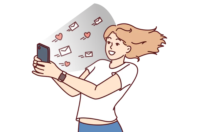 Woman With Phone Gets Lot Of Messages And Likes On Social Media And Rejoices At Popularity Of Personal Blog On Internet Letters With Hearts Fly Out Of Smartphone Of Smiling Girl Using Social Networks Illustration