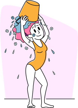 Woman Pouring Ice Water Bucket on Head  Illustration