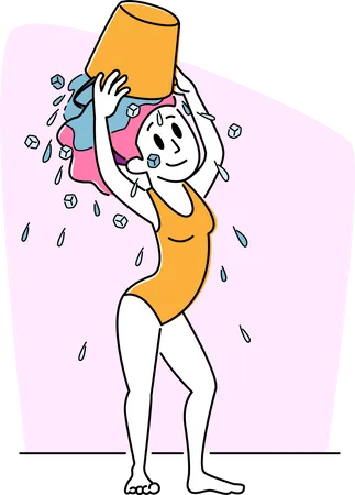 Woman Pouring Ice Water Bucket on Head  Illustration