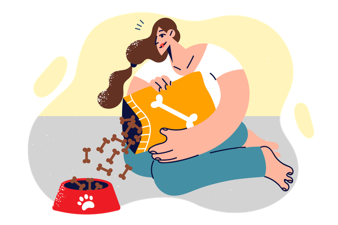 Woman pours dry nutrition into dog bowl recommending feeding puppies special food  イラスト