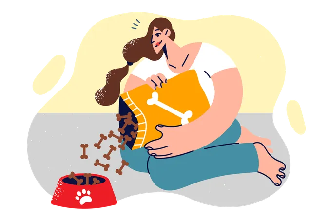 Woman Pours Dry Nutrition Into Dog Bowl Recommending Feeding Puppies Special Food Enriched With Healthy Vitamins And Minerals Girl Uses Dry Nutrition For Animals In Form Of Small Bones Illustration