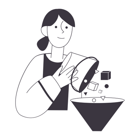 Woman pours items out of the bucket  Illustration