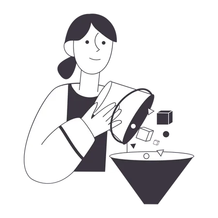 Woman pours items out of the bucket  Illustration