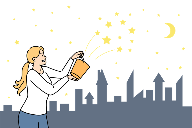 Woman pours stars into sky from yellow bucket and wanting to see beautiful night landscape  Illustration
