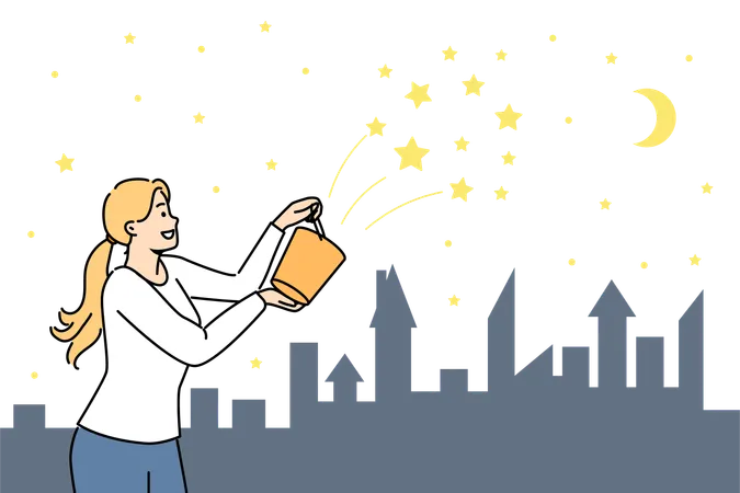 Woman Pours Stars Into Sky From Yellow Bucket Wanting To See Beautiful Night Landscape And Fantasizing About Own Positive Contribution To Environment Cheerful Girl Decorates Firmament With New Stars Illustration