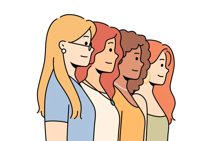 Woman power showing multinational girls standing in row while demonstrating their readiness for matriarchy  Illustration