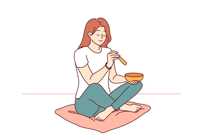 Woman practices Tibetan meditation using golden singing bowl sits on mat in room with smile on face  Illustration