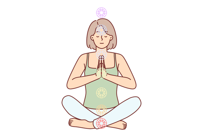 Woman practices yoga sitting in lotus position to cleanse aura and activate chakras  Illustration