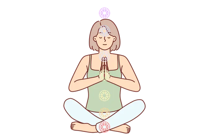 Woman Practices Yoga Sitting In Lotus Position To Cleanse Aura And Activate Chakras To Achieve Perfection Young Girl Folds Hands In Front Of Chest While Meditating And Doing Yoga Illustration