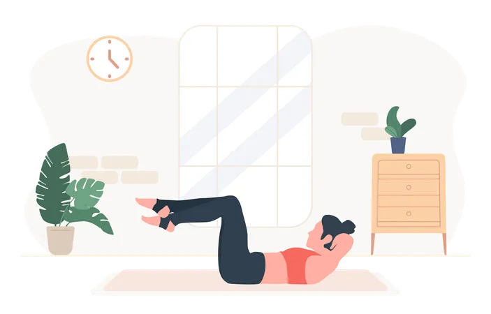 Woman practicing abdominal Knee crunches for upper and lower abs exercise  イラスト