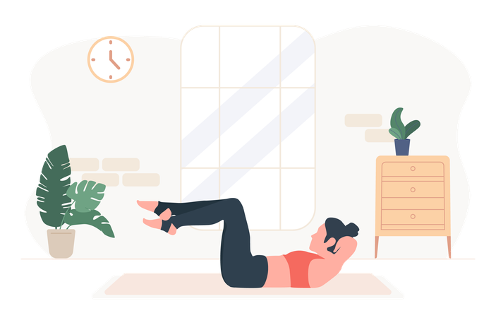 Woman practicing abdominal Knee crunches for upper and lower abs exercise  Illustration