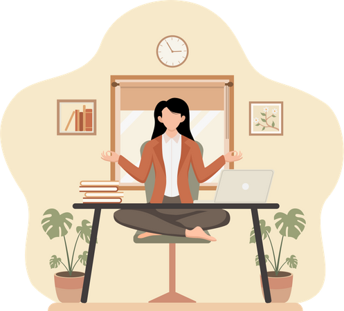 Woman Practicing Yoga at office  Illustration