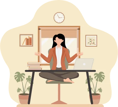 Woman Practicing Yoga at office  Illustration
