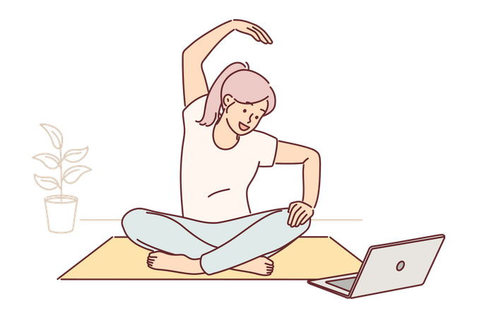 Woman practicing yoga from online tutorial  イラスト