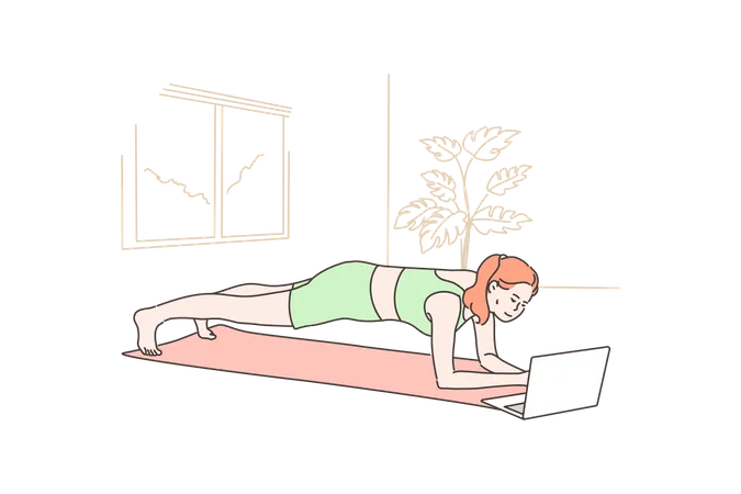 Woman practicing yoga from online tutorial  Illustration