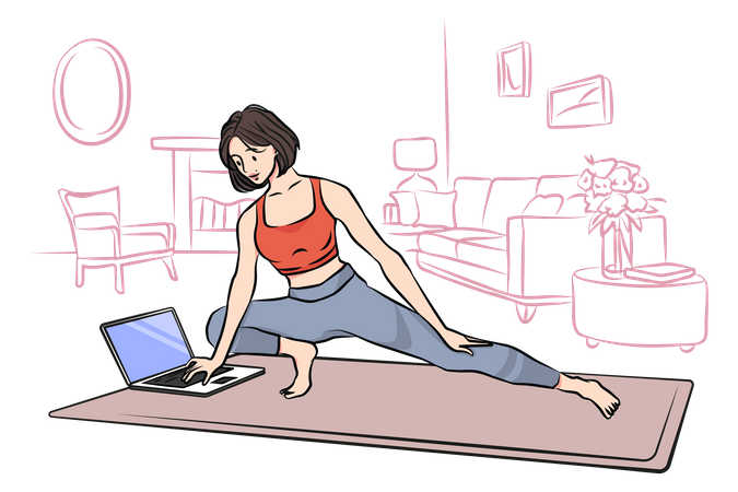 Woman practicing yoga from online tutorial  Illustration