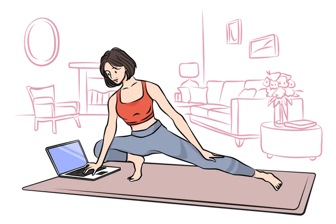 Woman practicing yoga from online tutorial  Illustration