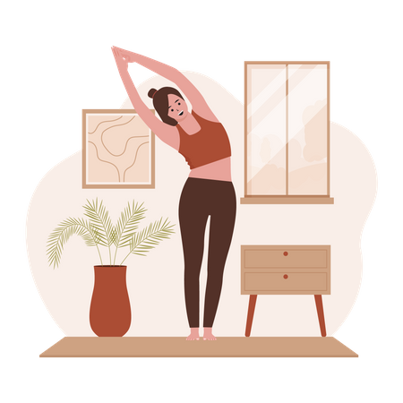Woman practicing yoga in living room  Illustration