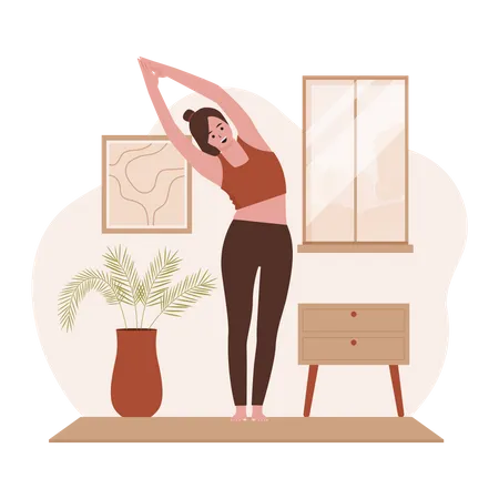 Woman practicing yoga in living room  Illustration