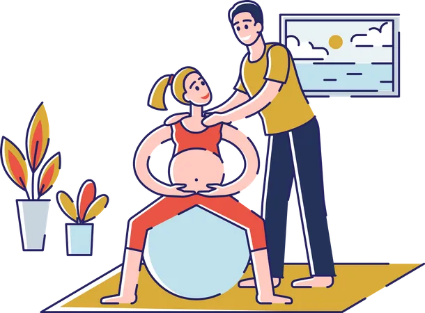 Concept Of Yoga For Pregnant Sport Fitness Activities Happy Couple Man And Pregnant Woman Are Visiting Parenting Classes Exercising In The Gym Cartoon Outline Linear Flat Vector Illustration Illustration