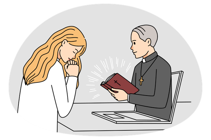 Woman pray during online church service  Illustration