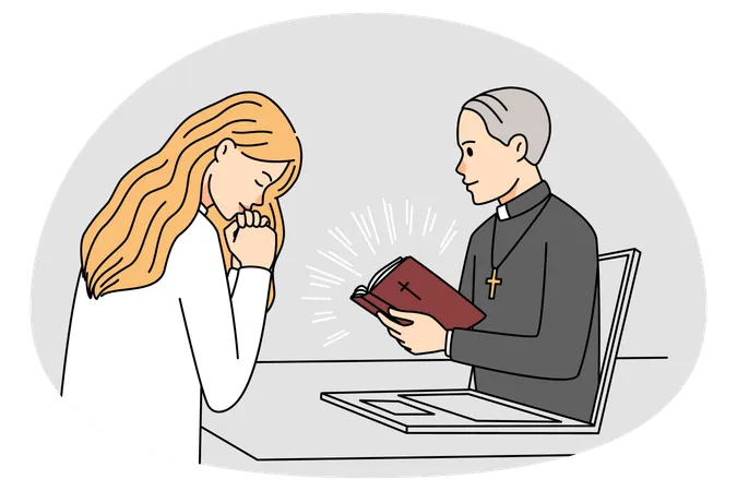 Woman pray during online church service  Illustration
