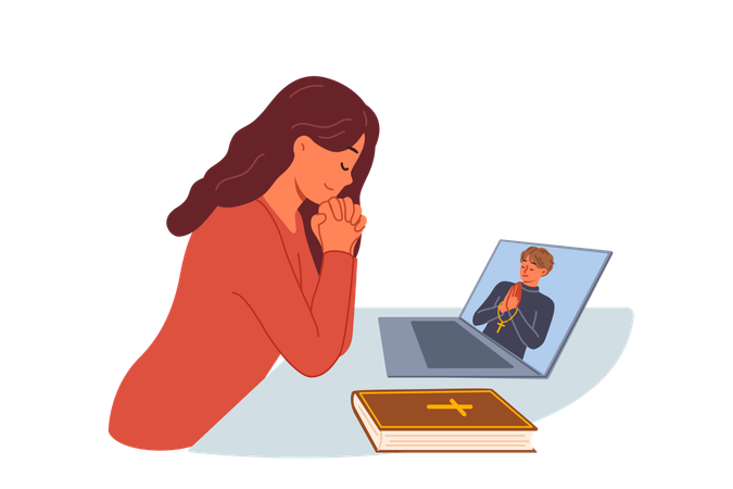 Woman prays sitting in front of laptop and watching video broadcast with priest from church  Illustration