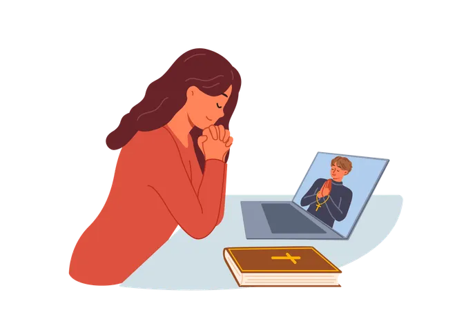 Woman prays sitting in front of laptop and watching video broadcast with priest from church  Illustration