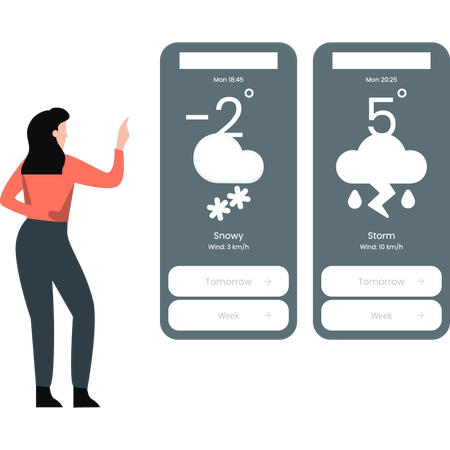 Woman predicting snow and storm  Illustration