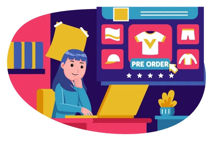 Woman preordering clothes from online shopping Illustration