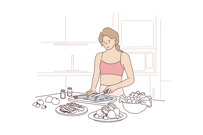 Cooking Diet Healthcare Concept Woman Girl Athlete Cartoon Character Prepares Food Meat Fish Fruits Vegetables For Paleo Eating At Home Kitchen Healthy Nutrition And Active Lifestyle Illustration Illustration