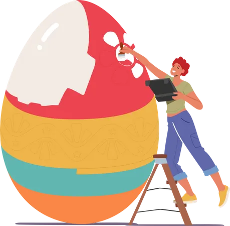 Happy Woman Prepare For Easter Spring Holiday Celebration Tiny Female Character With Paints And Brush Standing On Ladder Decorate And Painting Huge Easter Egg Cartoon Vector Illustration Illustration