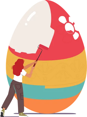 Young Woman Prepare For Easter Spring Holiday Celebration Tiny Female Character With Paint Roll Decorate And Painting Huge Easter Egg Isolated On White Background Cartoon People Vector Illustration 일러스트레이션