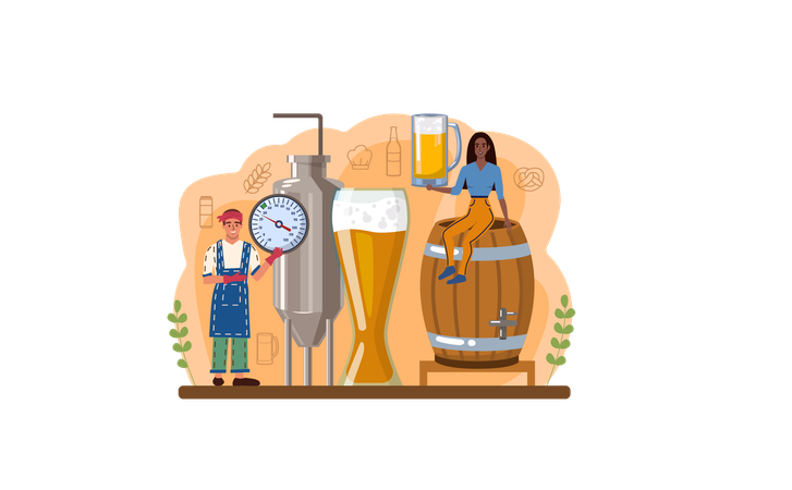 Woman prepares beer in barrel  Ilustración