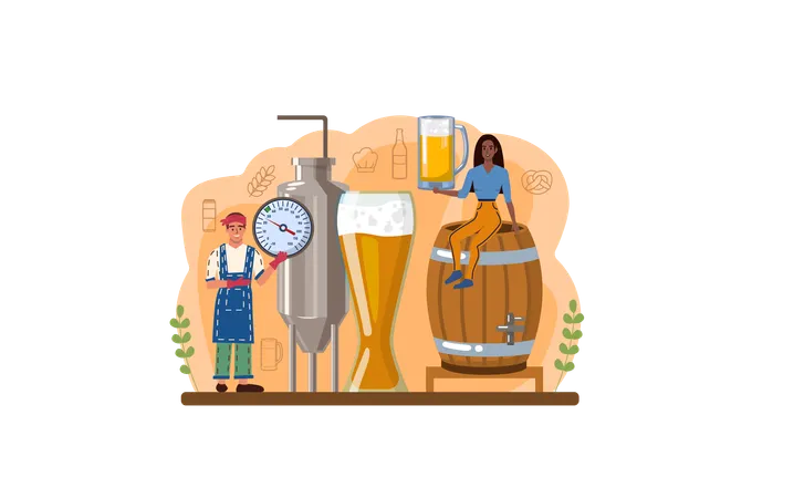 Woman prepares beer in barrel  イラスト