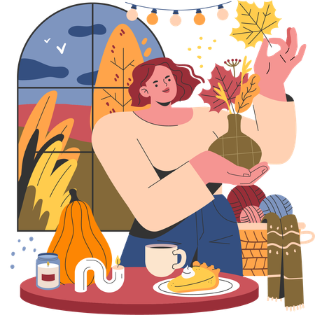 Woman prepares dinner for autumn party  Illustration