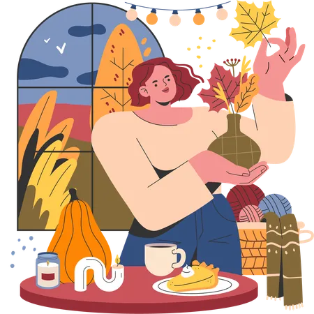 Woman prepares dinner for autumn party  Illustration