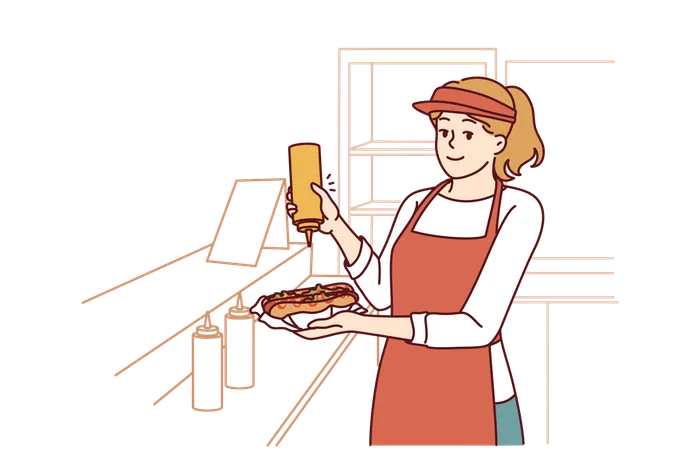 Woman Prepares Hot Dog Working As Seller In Street Food Cafe Or Restaurant On Wheels With Delicious Sandwiches On Menu Girl Who Works In Fast Food Industry Adds Mustard To Hot Dog Ordered By Client Illustration