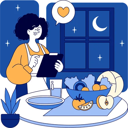 Woman preparing dinner at night time  Illustration