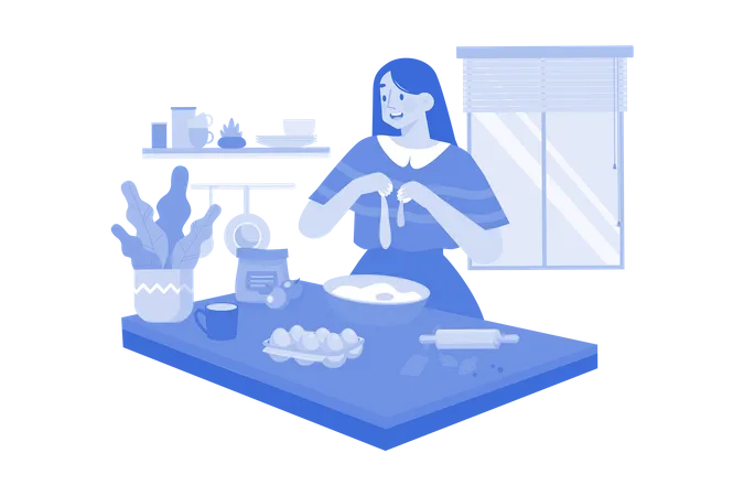 Woman preparing egg dish in kitchen for her family  Illustration