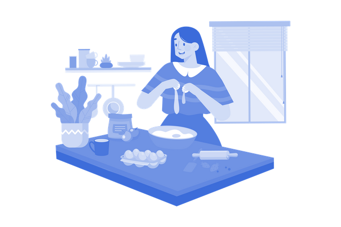 Woman preparing egg dish in kitchen for her family  イラスト