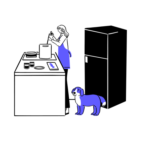 Woman Preparing food in kitchen with dog  Illustration