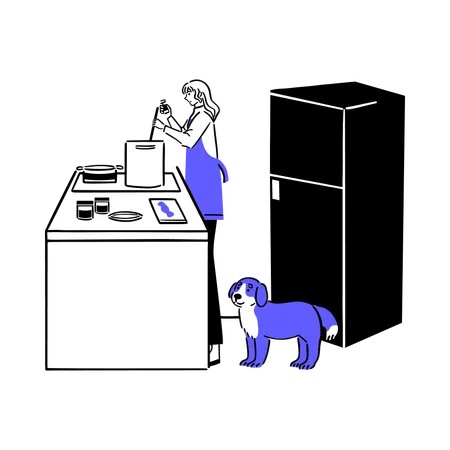 Woman Preparing food in kitchen with dog  Illustration