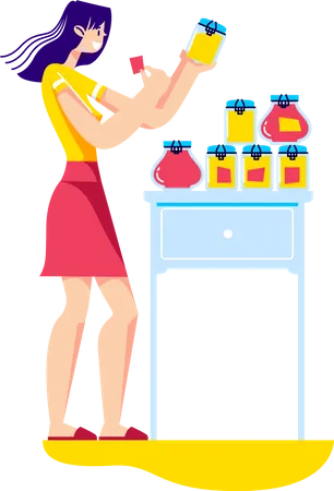 Woman preparing jars of homemade jam Illustration