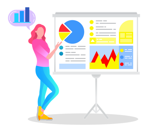 Woman Present Business Analytics Diagram at Office Illustration