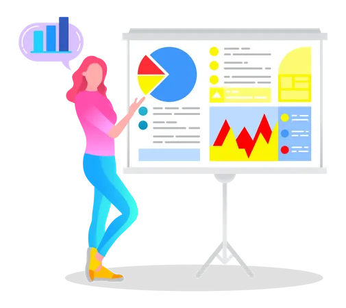 Woman Standing Alone And Explaining Statistics Diagrams On Presentation Person Telling About Project Analytics Lady Work At Business Company As Manager Vector Illustration Of Appointment In Flat Illustration