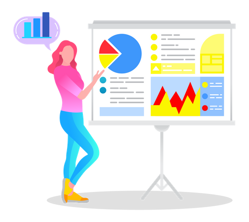 Woman Present Business Analytics Diagram at Office  Illustration